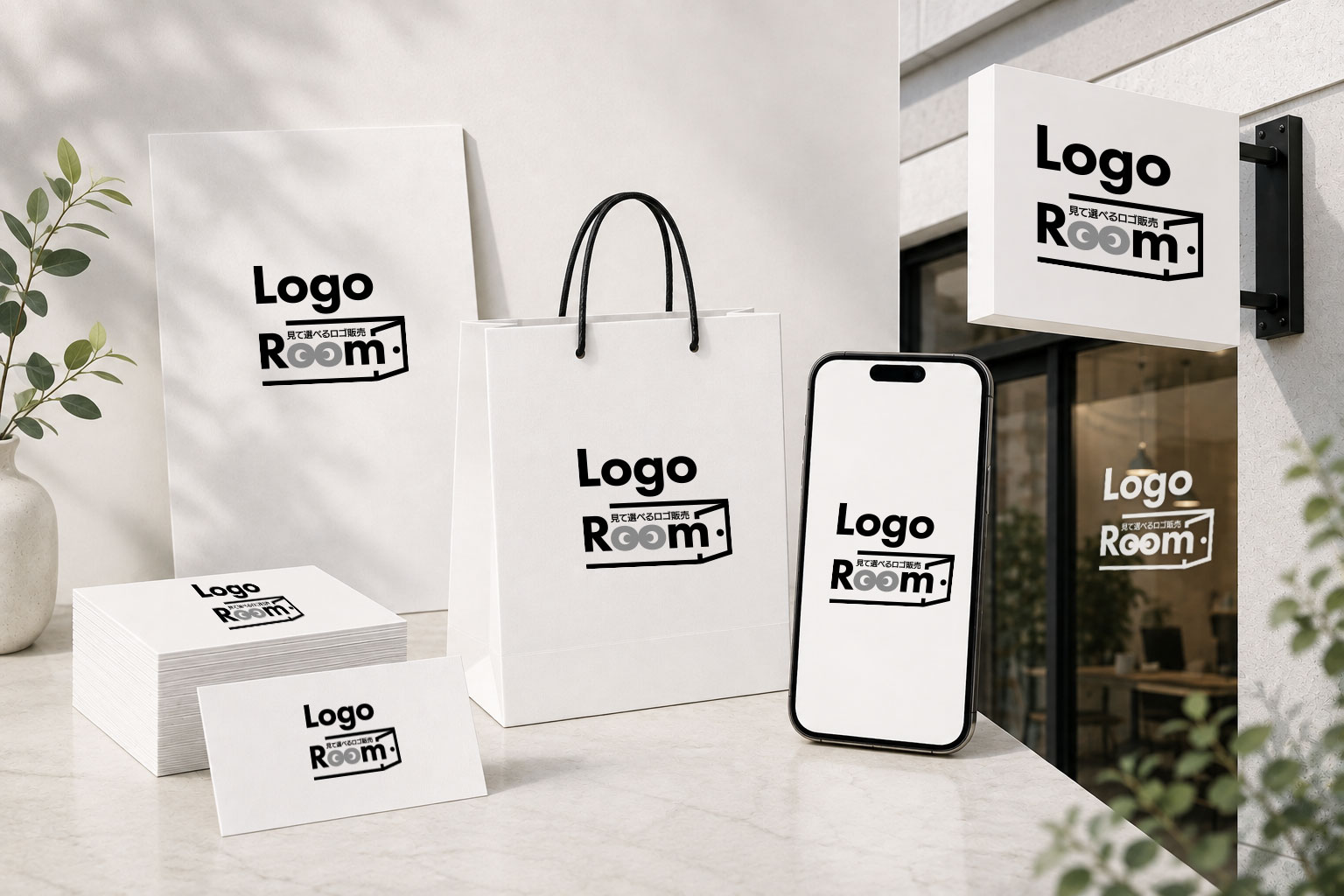LogoRoomのロゴを名刺・紙袋・スマートフォン・店舗看板などに展開したブランドモックアップ