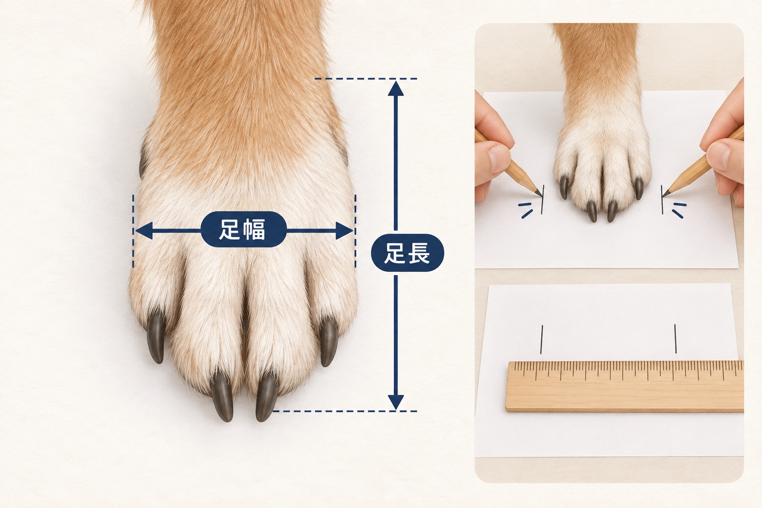 犬の足を紙の上に置き、足幅と足長を測る方法の図解