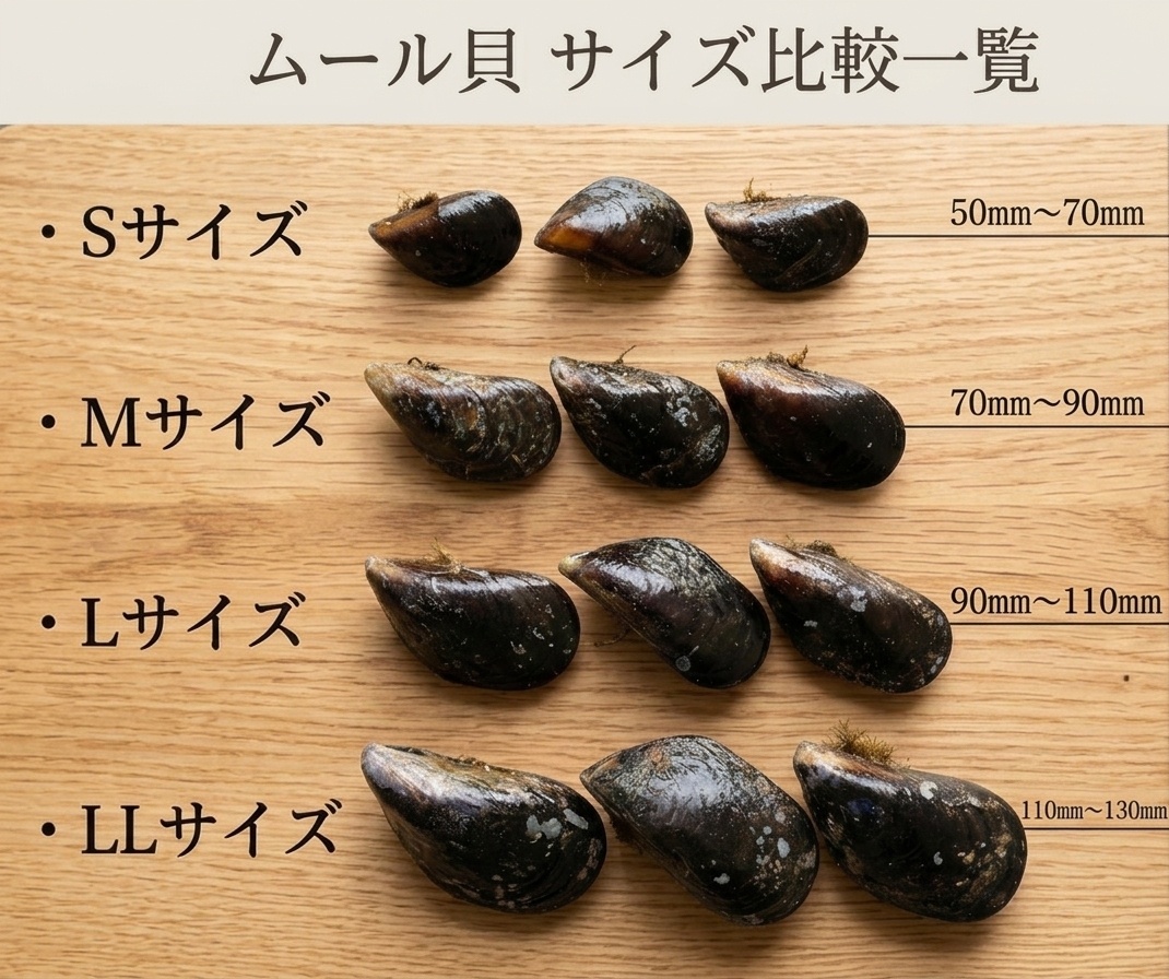 ムール貝のサイズ比較