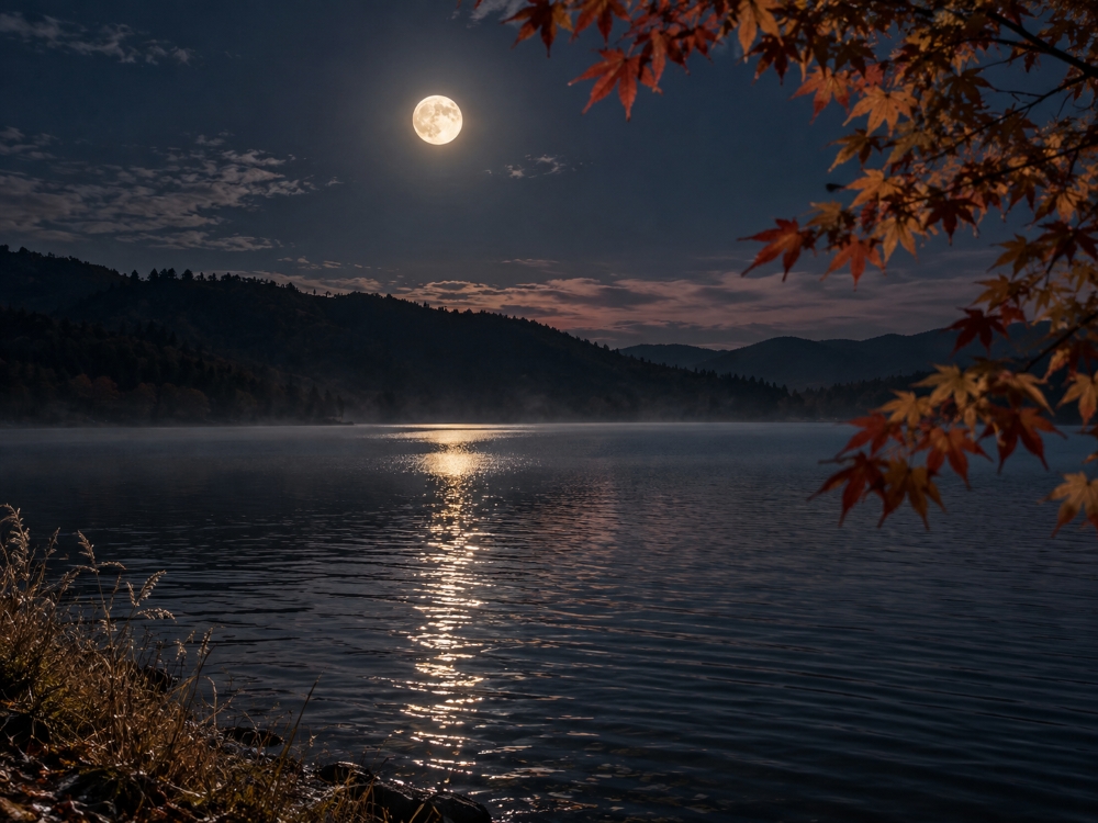秋の満月と湖 10月の夜