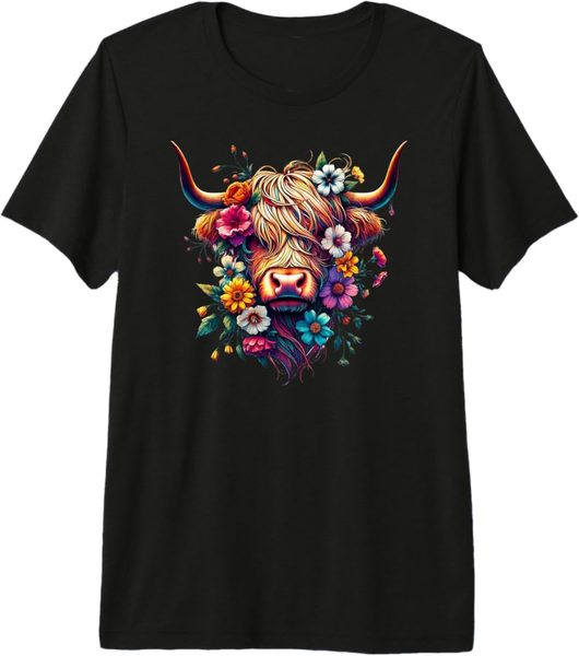 花とハイランド牛のTシャツ