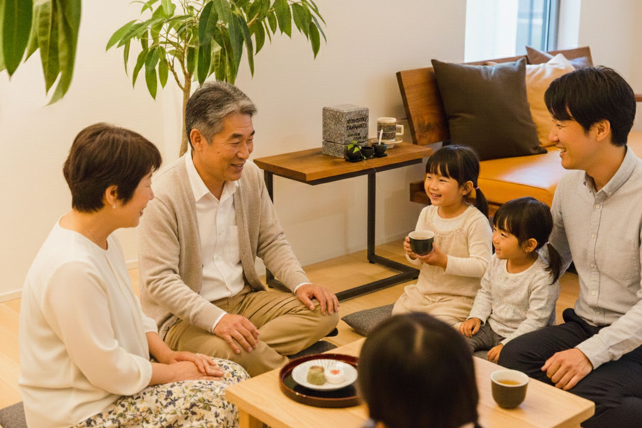 家族の集まりと卓上墓