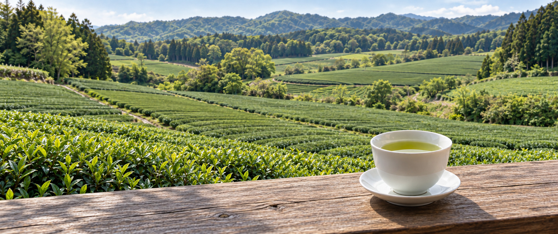 柔らかな日差しを受ける広い茶畑と、光に透ける緑茶を入れた白い湯のみのイメージ画像。