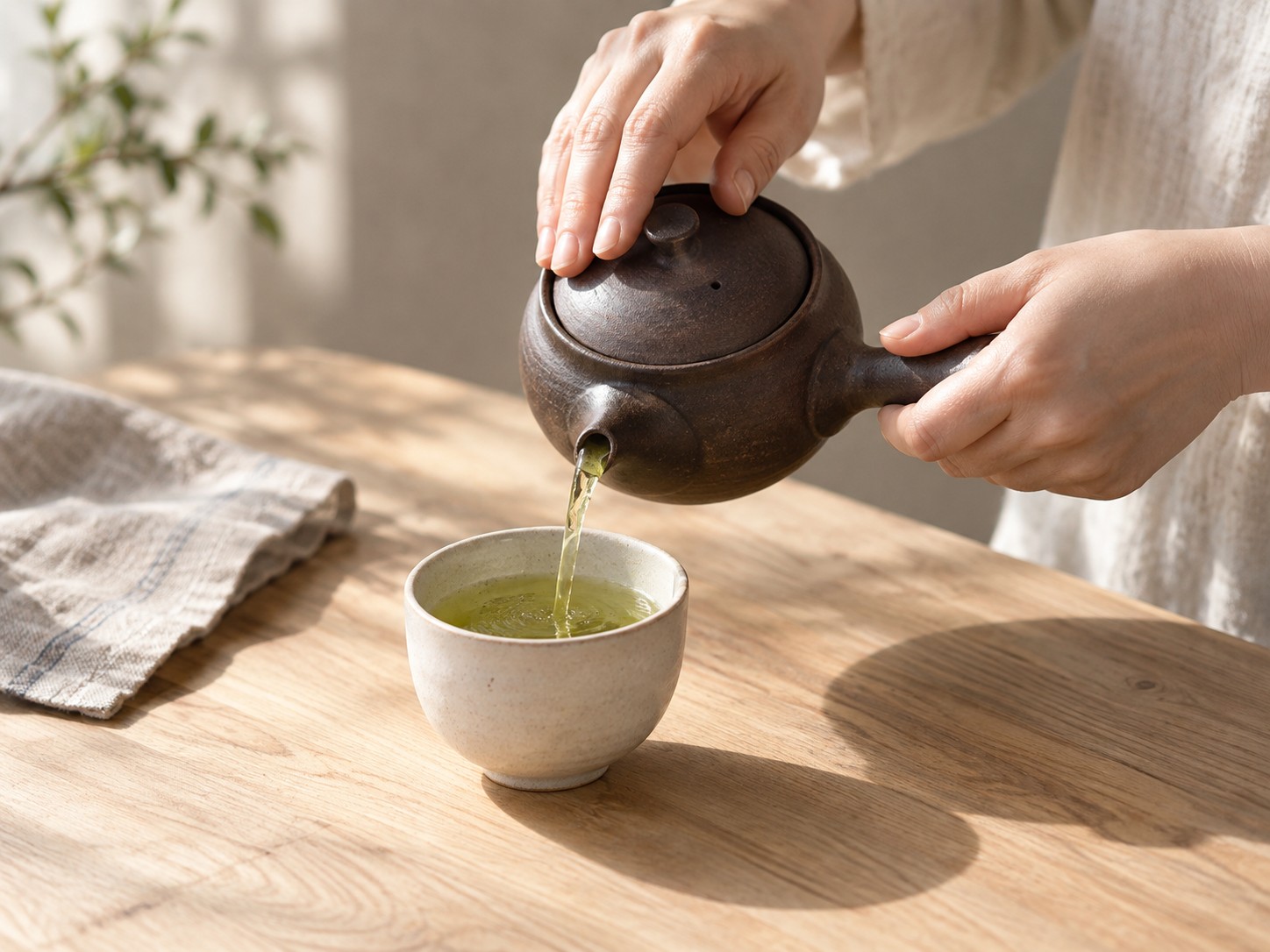 急須から一杯のお茶を丁寧に注ぐ、お茶の時間のイメージ