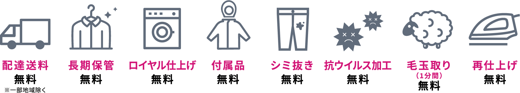 配達送料無料 長期保管無料 ロイヤル仕上げ無料 付属品無料 シミ抜き無料 抗ウイルス加工無料 毛玉取り(1分間)無料 再仕上げ無料