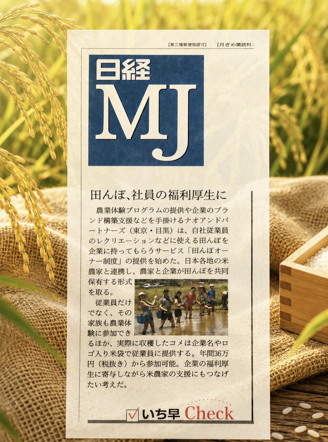 日経MJ 田んぼ、社員の福利厚生に