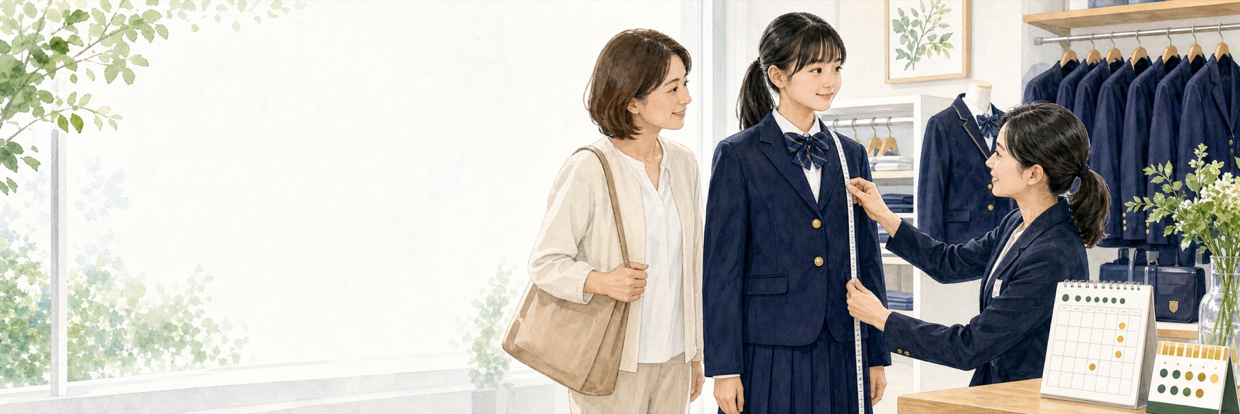 親子で制服採寸をする様子と営業日カレンダー
