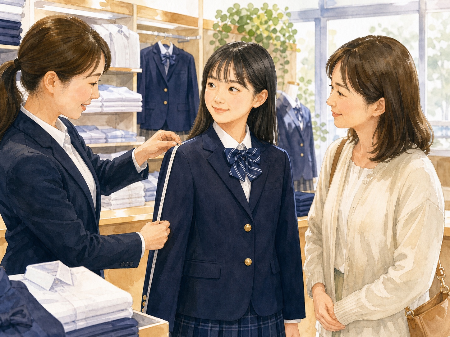 店舗で制服の採寸とサイズ相談をする様子