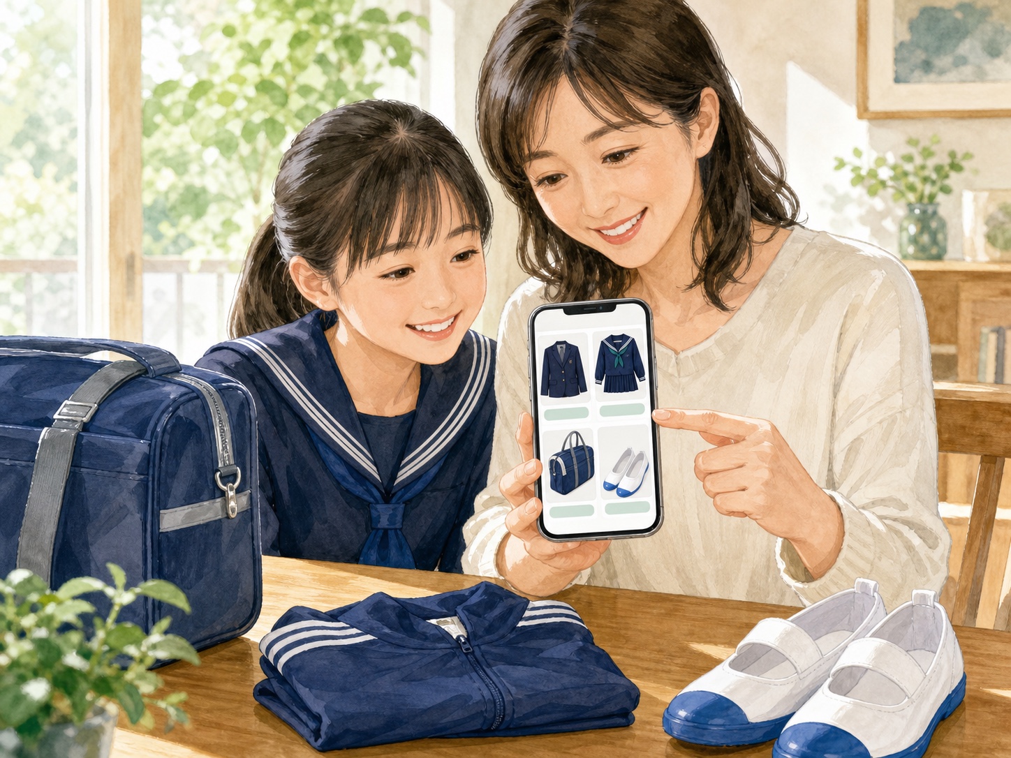 スマホで制服・学校用品を探す親子